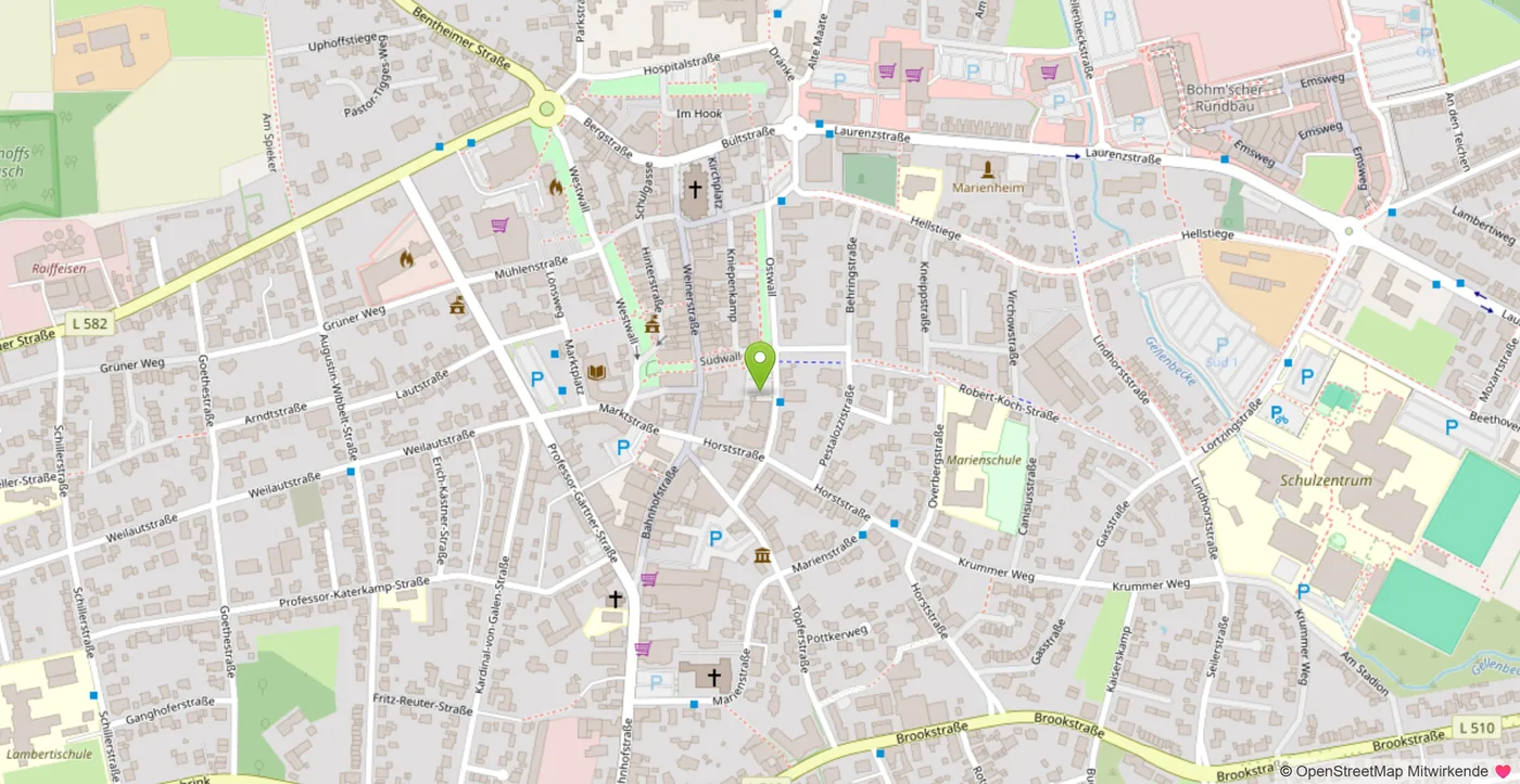 Kartenausschnitt von Ochtrup mit Markierung der Praxis in der Marktstraße 15